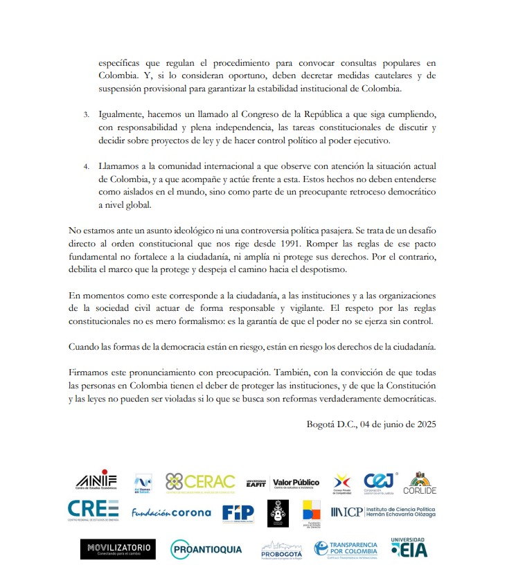 Organizaciones de sociedad civil alertamos sobre los riesgos de una consulta popular por decreto, sin aval del Senado. Se vulnera el orden constitucional y la separación de poderes. 

Lee el comunicado completo 👇🏻
