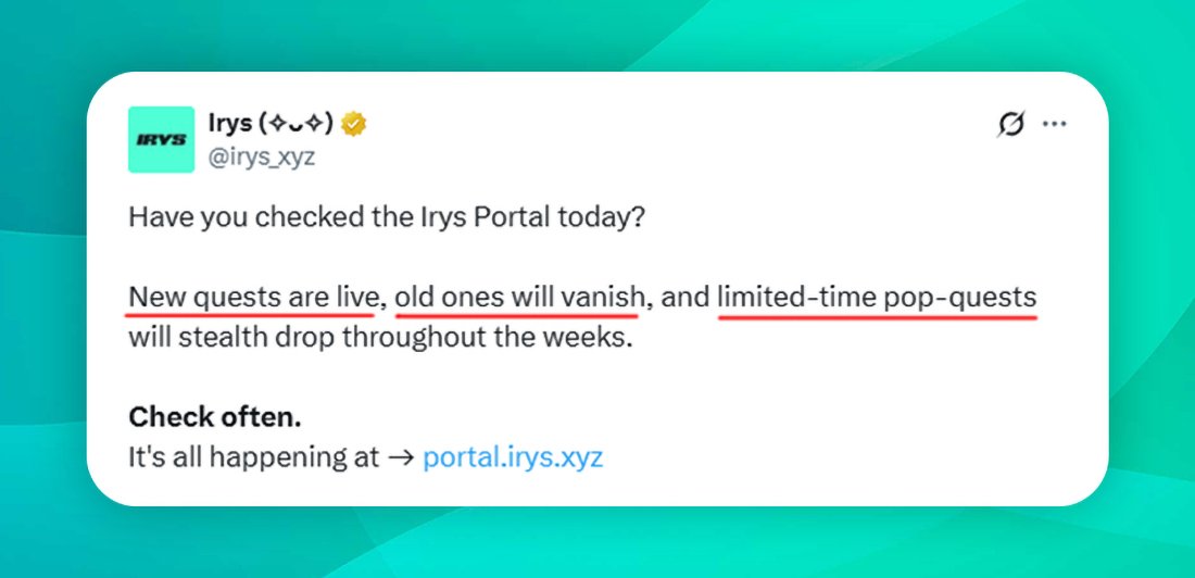 New Irys Quests Just Dropped — Complete Before They Disappear! 🔥

Irys [<a href="/irys_xyz/">Irys (✧ᴗ✧)</a>] has added fresh tasks to the "Questland" campaign. Complete them before they vanish!

Step 1: Complete this: app.galxe.com/quest/Irys/GC1…
Step 2: Complete this: app.galxe.com/quest/Irys/GCw…

The second
