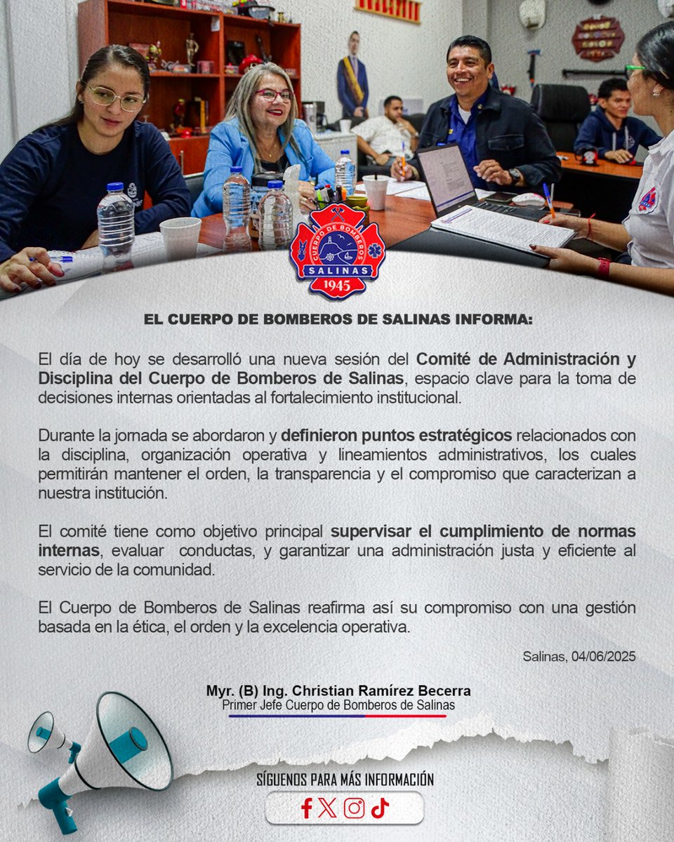 Hoy sesionó el Comité de Administración y Disciplina del Benemérito Cuerpo de Bomberos de Salinas, un espacio clave para evaluar, organizar y fortalecer nuestras acciones internas con responsabilidad y transparencia. 🔍🚒

#AbnegaciónYDisciplina 🚒