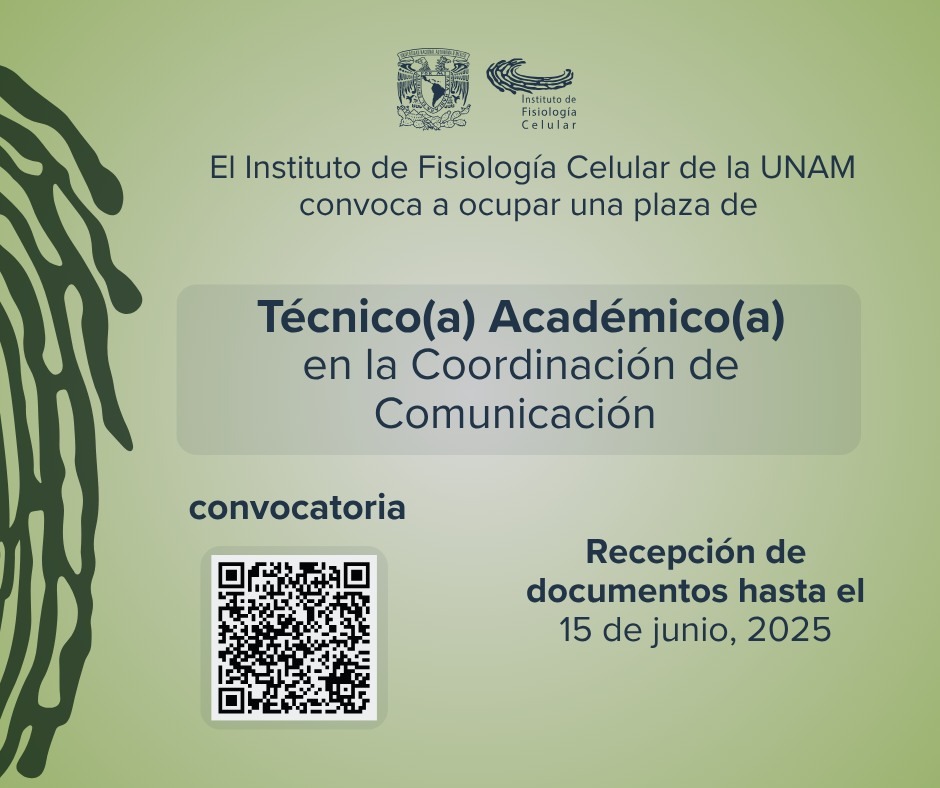 📣 El Instituto de Fisiología Celular de la UNAM abre convocatoria para una plaza de técnico(a) académico(a) en la Coordinación de Comunicación.
📌 Tienes hasta el 15 de junio para postularte
📲 Detalles en el QR

#ConvocatoriaUNAM #ComunicaciónCientífica #PlazaUNAM