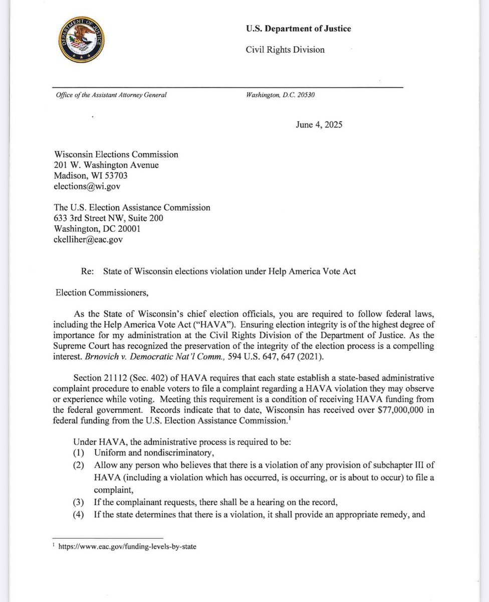 🚨BREAKING:   US DOJ sends letter to Wisconsin Election Commission for failing to follow the law!!!

---&gt;  The U.S. Department of Justice, Civil Rights Division, issued a formal letter on June 4, 2025, to the Wisconsin Elections Commission. 

The letter notifies WEC that it is
