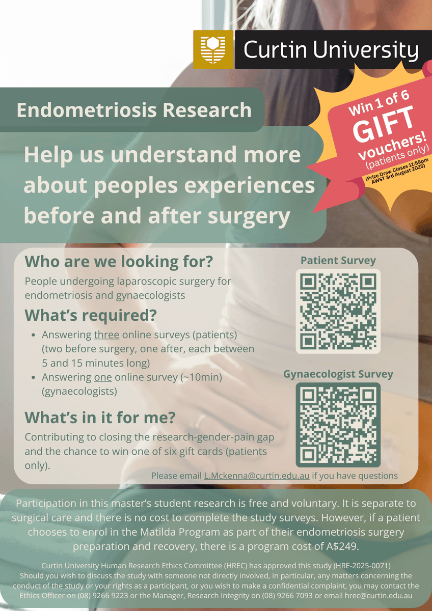 leanda_mckenna's tweet photo. 🚨 Endometriosis research needs YOU! Patients &amp; gynaecologists—share your experiences before &amp; after surgery as we investigate surgery optimisation programs! 💻📩#Endometriosis #Research #HealthCare https://t.co/o2pjcbQuQh