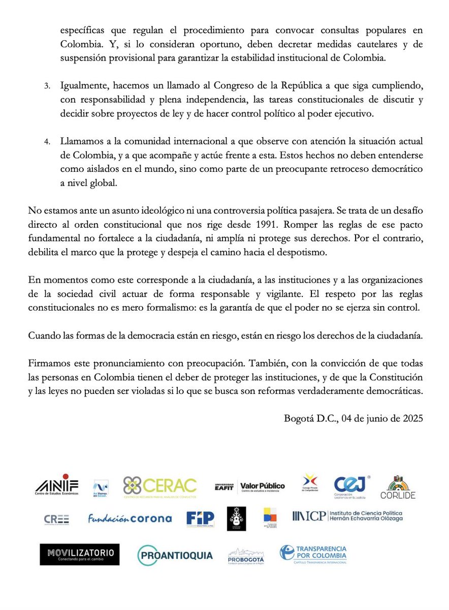 Fundación Corona (@fundcorona) on Twitter photo Organizaciones de la sociedad civil alertamos sobre riesgos de consulta popular por decreto, sin aval del <a href="/SenadoGovCo/">Senado de la República 🇨🇴</a>
Comunicado: bit.ly/4jEIduf
<a href="/ANIFCO/">ANIF | Centro de Estudios Económicos</a> <a href="/CERAC/">#TodasLasVíctimas</a> <a href="/EAFIT/">Universidad EAFIT</a> <a href="/CEJ_JUSTICIA/">Corporación Excelencia en la Justicia (CEJ)</a> <a href="/Corlide/">Corlide.org</a>
<a href="/ICPColombia/">ICP 🇨🇴</a> <a href="/Movilizatorio/">Movilizatorio</a> <a href="/proantioquia1/">Proantioquia</a>
<a href="/ProbogotaRegion/">Probogotá Región</a> <a href="/transparenciaco/">Transparencia Col</a> Organizaciones de la sociedad civil alertamos sobre riesgos de consulta popular por decreto, sin aval del <a href="/SenadoGovCo/">Senado de la República 🇨🇴</a>
Comunicado: bit.ly/4jEIduf
<a href="/ANIFCO/">ANIF | Centro de Estudios Económicos</a> <a href="/CERAC/">#TodasLasVíctimas</a> <a href="/EAFIT/">Universidad EAFIT</a> <a href="/CEJ_JUSTICIA/">Corporación Excelencia en la Justicia (CEJ)</a> <a href="/Corlide/">Corlide.org</a>
<a href="/ICPColombia/">ICP 🇨🇴</a> <a href="/Movilizatorio/">Movilizatorio</a> <a href="/proantioquia1/">Proantioquia</a>
<a href="/ProbogotaRegion/">Probogotá Región</a> <a href="/transparenciaco/">Transparencia Col</a>