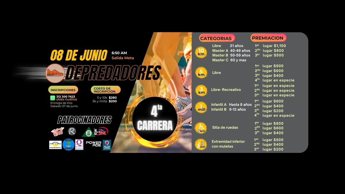 Nos toca tarbajar el domingo desde las 6am como presentador y animador de la 4ta. Carrera Derpredadores, ¡Allá nos vemos Colima!
Espero mi garganta que ya tengo casi un mes malo me deje trabajar y no me haga una maldad