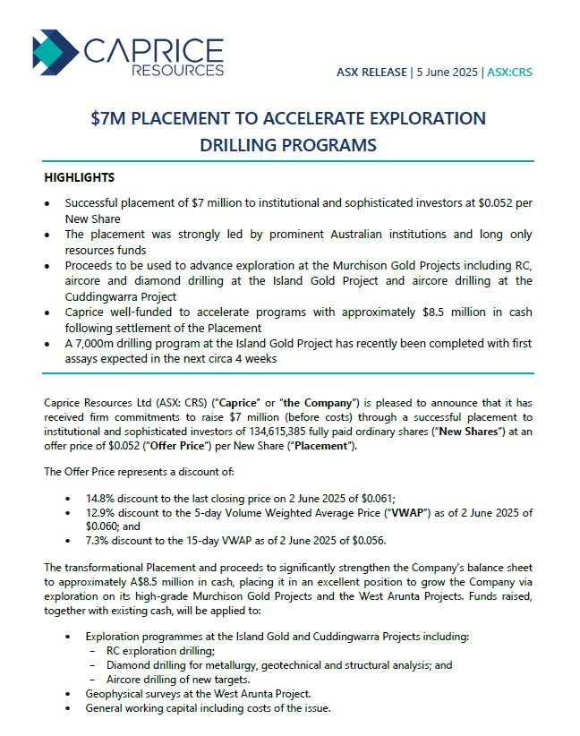 🚨 $7M Placement Secured 🚨
Caprice Resources (ASX: $CRS) raises $7M to accelerate drilling at Murchison Gold Projects 💰

⚒️ Island Gold &amp; Cuddingwarra drilling underway with assays due in ~4 weeks

Now sitting on ~$8.5M cash 💥

🔗api.investi.com.au/api/announceme…