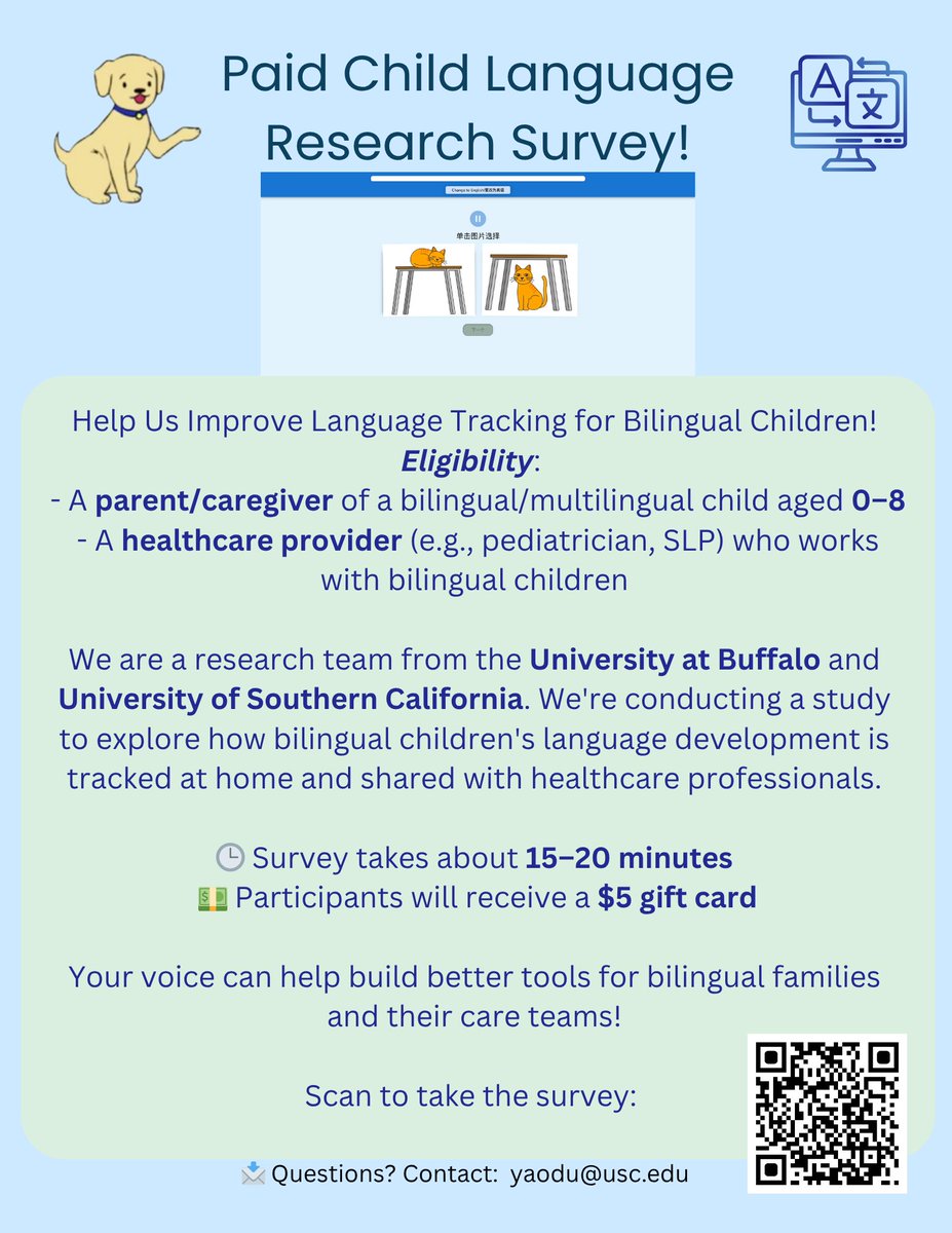 Xi_Lu_HCI's tweet image. 🧠 We’re a research team from UB & USC studying how families and providers support bilingual children.
🎯 Parents of kids (0–8) & healthcare providers welcome!
💵 $5 for 15-min survey
👉 usc.qualtrics.com/jfe/form/SV_6n…
#bilingual #speechlanguage #HCIresearch #AIhealth