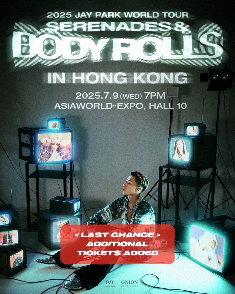 🚨 EXTRA TICKETS ADDED 🚨
FINAL RELEASE: due to overwhelming demand, final few tickets across all tiers will go on sale 6.9 (MON) , 1PM HKT.
🎟️ Get them at: onionproduction.com/jaypark

2025 Jay Park World Tour
[Serenades &amp; Body Rolls] In Hong Kong

📅 Date
- 2025.7.9(WED) 7PM 

📍