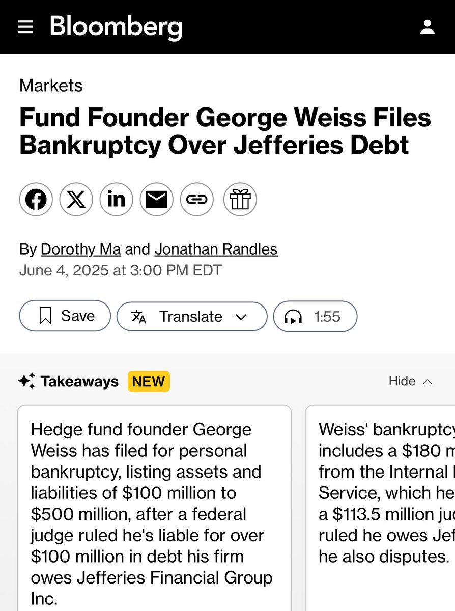 It Can Get Ugly On Wall Street 

"Fund Founder George Weiss Files Bankruptcy Over Jefferies Debt" A Year After Closing His Hedge Fund 

"..a federal judge ruled he’s liable for more than $100 million in debt his eponymous firm owes Jefferies Financial Group Inc.

Weiss sought