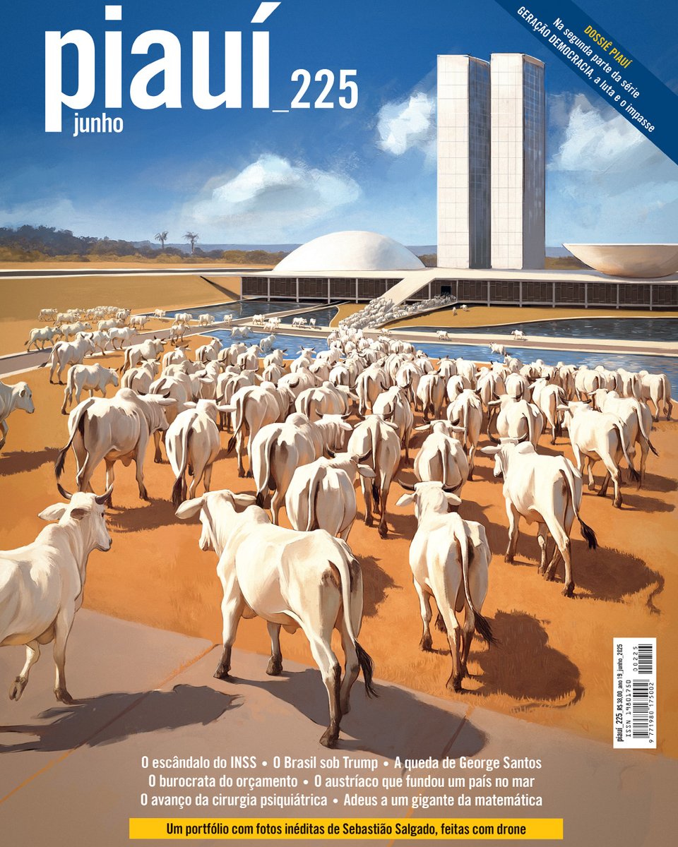 O escândalo do INSS. A queda de George Santos. O Brasil sob Trump. Esta é a capa da piauí de junho, ilustrada por Vito Quintans. A edição completa estará disponível aos assinantes a partir de amanhã (6).
