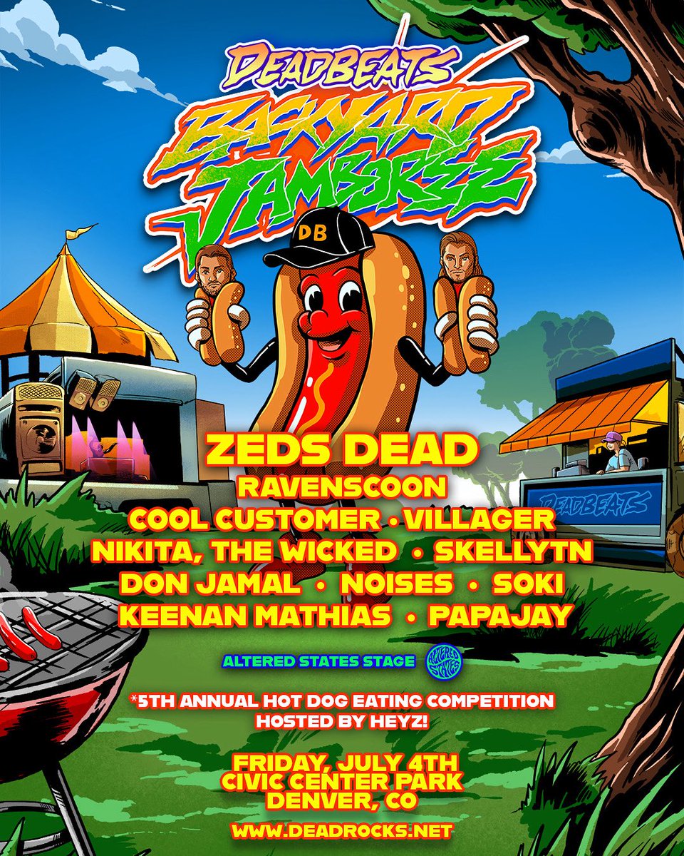 Excited to finally reveal the full lineup for this years 4th of July Backyard Jamboree! See you in 1 MONTH Denver! 💥🇺🇸🌭

<a href="/zedsdead/">Zeds Dead</a> 
<a href="/RAVENSCOON/">PAUL</a> 
<a href="/coolcustomer_/">Cool Customer</a> 
<a href="/nikitathewicked/">Nikita, the Wicked</a> 
<a href="/villagersound/">villager</a> 
<a href="/DonJamalMusic/">Jamal</a> 
<a href="/skellytn/">skellytn</a> 
<a href="/noisesintl/">NOISES</a> 
<a href="/soki4evr/">Soki</a> 
@keenanmathias
@itspapajay