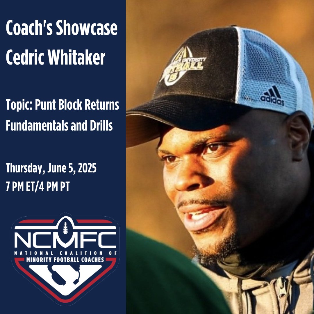 National Coalition of Minority Football Coaches (@ncmfc1) on Twitter photo #JoinTheCoalition and <a href="/CoachCedWhit/">Ced Whitaker</a> tomorrow at 7 PM ET/ 4 PM PT for our latest Coach's Showcase!
Coach Whitaker will be going over punt block return fundamentals and drills. Members will be sent access credentials prior to the event.
#PreparePromoteProduce #JoinTheCoalition and <a href="/CoachCedWhit/">Ced Whitaker</a> tomorrow at 7 PM ET/ 4 PM PT for our latest Coach's Showcase!
Coach Whitaker will be going over punt block return fundamentals and drills. Members will be sent access credentials prior to the event.
#PreparePromoteProduce
