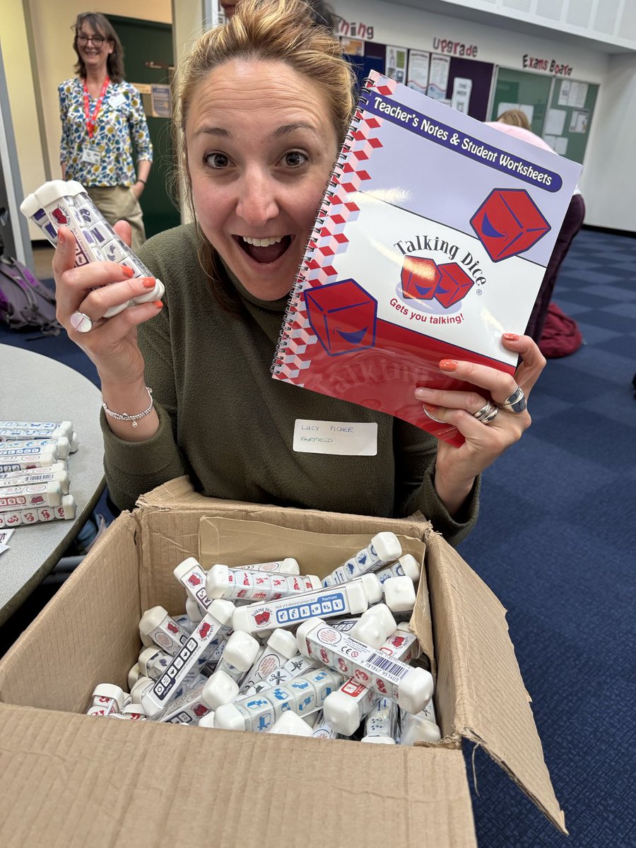 CristaHazell's tweet photo. Gotta love a happy prize winner! Thank you @linguascope for the amazing boxes of #talkingdice One huge prize and one very happy recipient from @FairfieldBS7 at the @allswmfl Teachmeet all about the new #gcsemfl #mfltwitterati #mflchat #langchat #edutwitter https://t.co/Te3J0mrIoc
