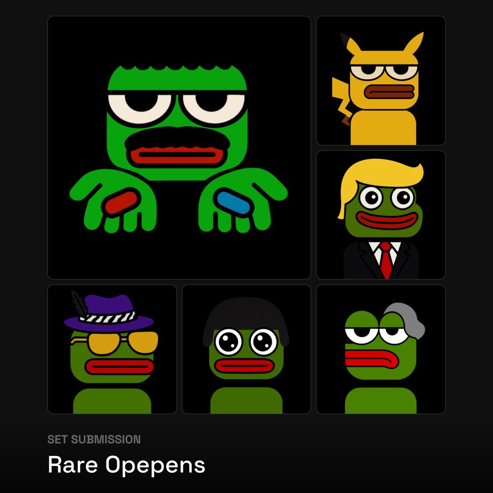 presenting my latest submission to <a href="/opepenedition/">◶◶*</a>… rare opepens

rare opepens are a tribute to the historic Rare Pepe collection. each rare Opepen represents a classic series 1 Rare Pepe card, referenced in the title of each edition 

🧵👇