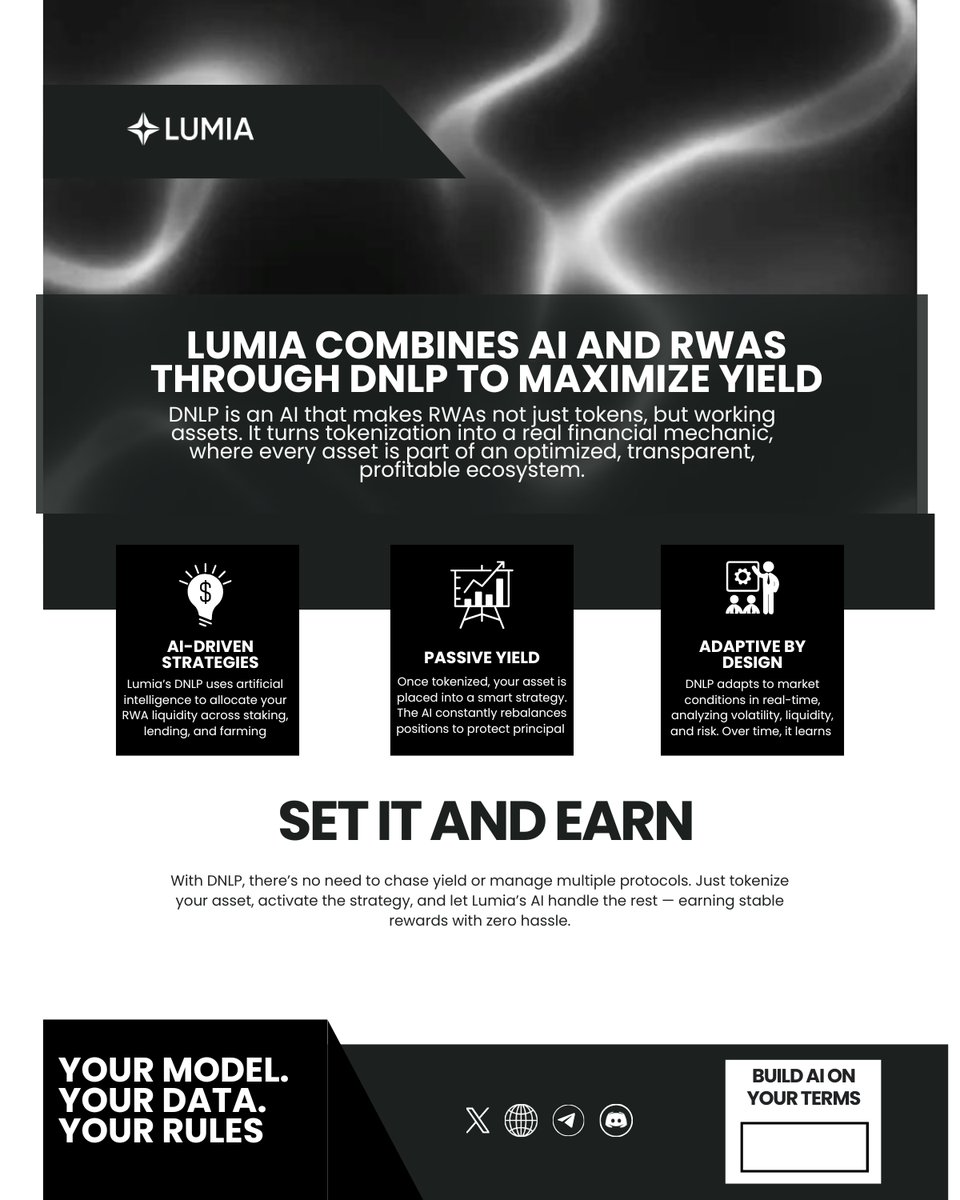 ucanseeofficial's tweet photo. 🤖 Turn Tokenized Assets into Income - with AI by @BuildOnLumia
RWAs aren’t just static tokens.
Lumia’s DNLP makes them work for you - auto-deployed into DeFi yield strategies.
Here’s how it works 👇
#Lumia #DNLP #RWA #DeFi #AI #BuildOnLumia https://t.co/t65IHWfNul