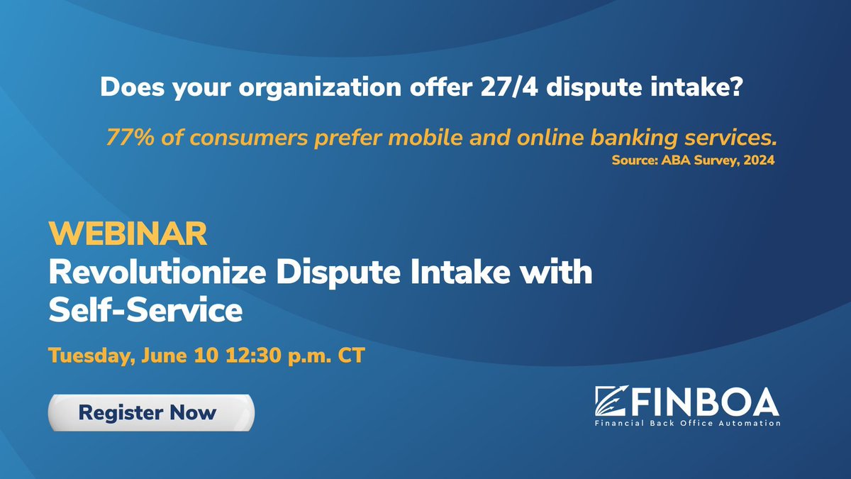 Does your FI offer 24/7 dispute intake?
 📊 77% of consumers prefer digital banking. (ABA, 2024)
 Learn how self-service can transform dispute handling.
 📅 June 10 | 🕛 12–12:30 PM CT
 👉 Register: hubs.la/Q03qMcwt0
 #FINBOA #DigitalBanking #RegE