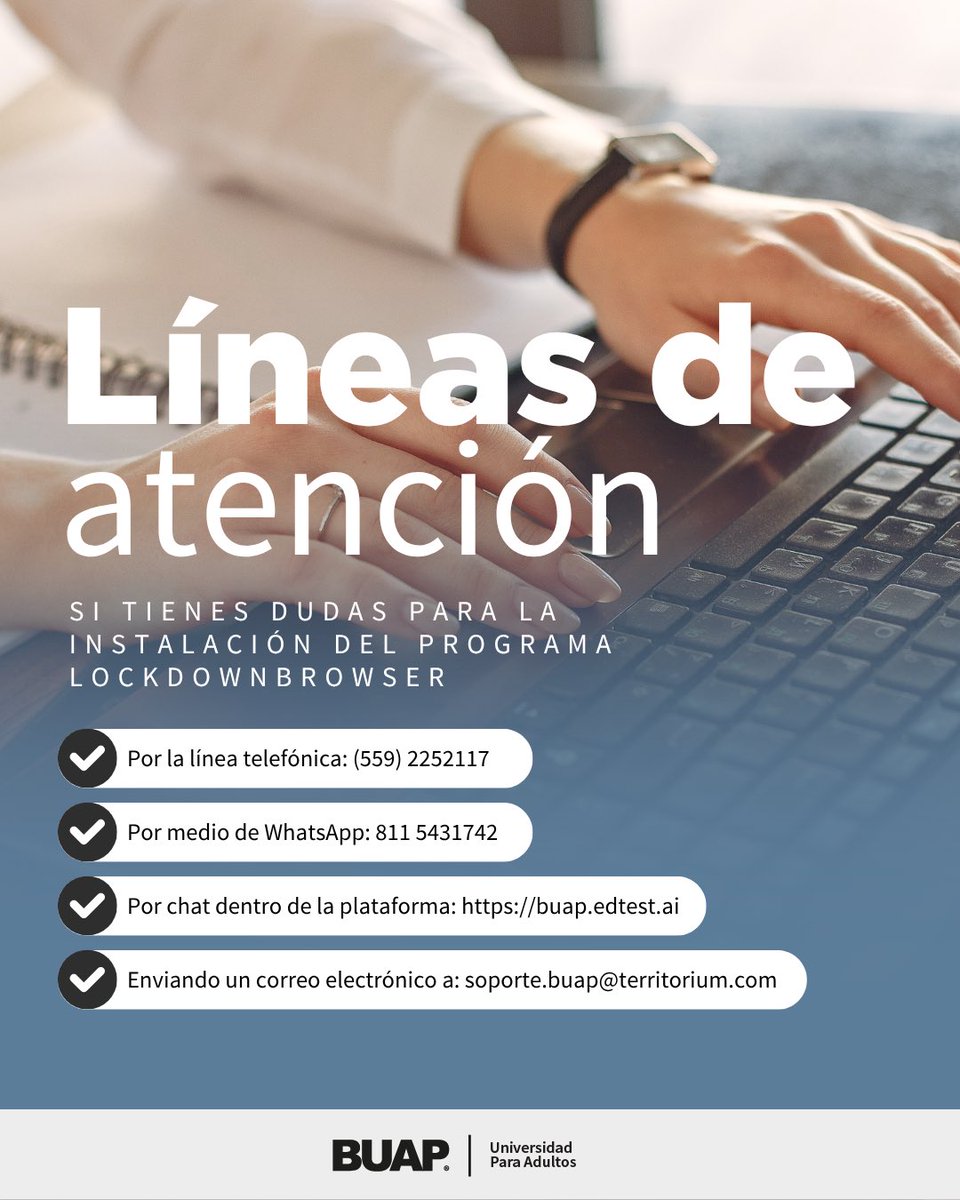 UpaBuap's tweet photo. ¿Complicaciones con la instalación del LockDown Browser?
¡Te ayudamos!
📞 Consulta nuestras líneas de atención telefónica y recibe el apoyo que necesitas para continuar con tu proceso de admisión.
#UPABUAP #AdmisiónUPA2025 #LockDownBrowser #SoporteUPA #UniversidadParaAdultos https://t.co/BJyz07ErZO