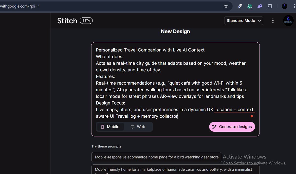 JudahForge's tweet photo. 🚀 STITCH AI is a game-changer!   Crafting a sleek UI from scratch with just a few prompts—mind-blowing! 🎨✨   #ALX_AiSK  @alx_africa  @lowercase_life  @kalibetre https://t.co/a09szD66o0