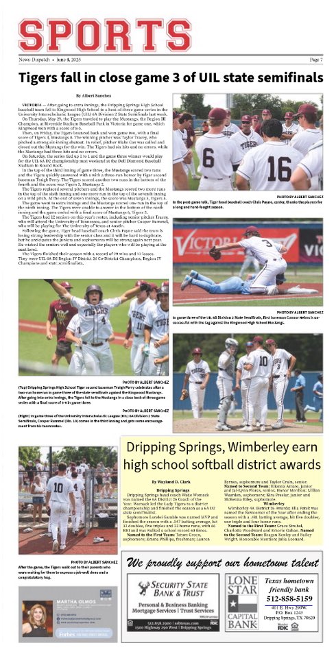 Albert Sanchez-Photographer-Hays Free Press (@ds78737) on Twitter photo News Dispatch is online. <a href="/DrippingTigers/">Dripping Springs Athletics</a>
<a href="/dstigerbaseball/">DSTigerBaseball</a> <a href="/OneTigerNation/">Dripping Springs High School</a>
<a href="/CoachGZimmerman/">Galen Zimmerman</a> <a href="/marisa_tuzzi/">Marisa Tuzzi</a>
<a href="/var_austin/">VAR</a> <a href="/ASJSportsATX/">Austin Sports Journal</a> <a href="/var_austin/">VAR</a> <a href="/delossae17/">Eric De Los Santos</a> <a href="/delossae17/">Eric De Los Santos</a>
Sponsored by Martha Olmos, Broker Asso. Realtor with JMG Real Estate
512 669 3513
austintxproperties.com News Dispatch is online. <a href="/DrippingTigers/">Dripping Springs Athletics</a>
<a href="/dstigerbaseball/">DSTigerBaseball</a> <a href="/OneTigerNation/">Dripping Springs High School</a>
<a href="/CoachGZimmerman/">Galen Zimmerman</a> <a href="/marisa_tuzzi/">Marisa Tuzzi</a>
<a href="/var_austin/">VAR</a> <a href="/ASJSportsATX/">Austin Sports Journal</a> <a href="/var_austin/">VAR</a> <a href="/delossae17/">Eric De Los Santos</a> <a href="/delossae17/">Eric De Los Santos</a>
Sponsored by Martha Olmos, Broker Asso. Realtor with JMG Real Estate
512 669 3513
austintxproperties.com
