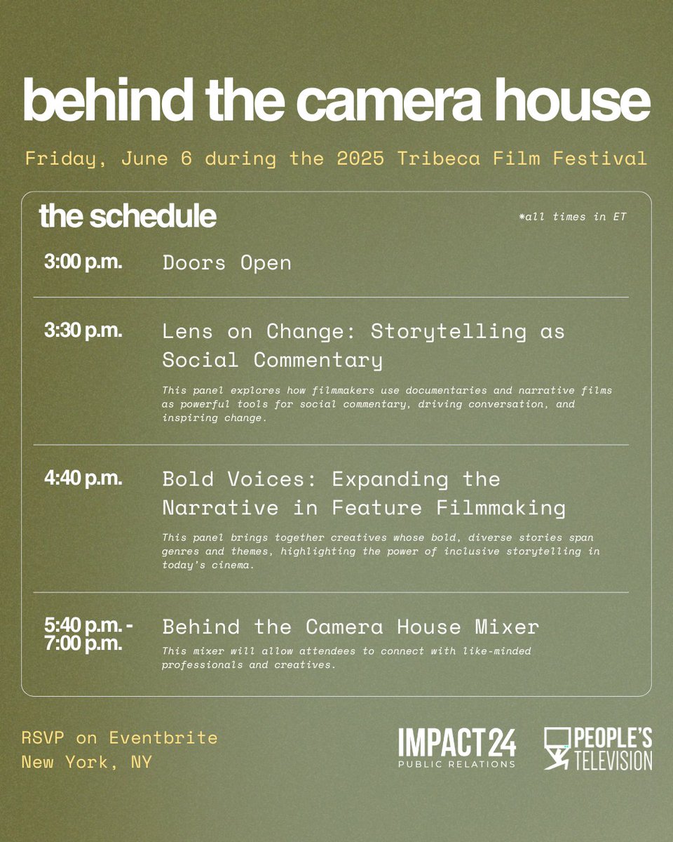 🎬 Join us at the Behind the Camera House summit during the 2025 <a href="/Tribeca/">Tribeca</a> Film Festival! Panels on bold storytelling + social change, featuring our CEO @nicholasbruckman

📍 June 6 | 3–7 PM | NYC
🎟 RSVP: eventbrite.com/e/behind-the-c…