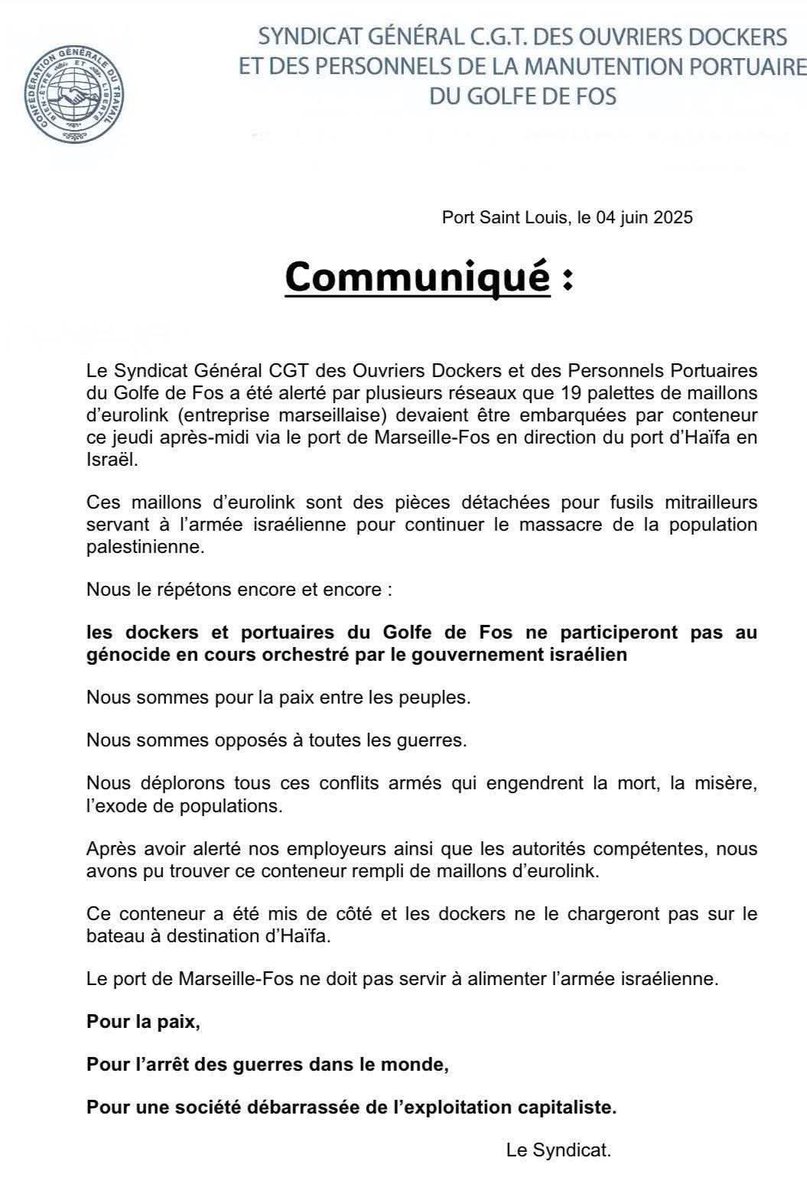 Plein respect aux dockers et portuaires CGT du port de Marseille-Fos qui refusent de charger du matériel militaire à destination d'Israël.

Face à la complicité des dirigeants politiques, la solidarité des travailleurs! 💪🏽