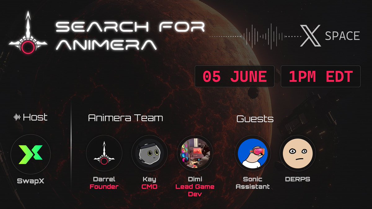 SwapX (@swapxfi) on Twitter photo Ready for the official pre-raise AMA?
swapx.fi/presale
A face-to-face with the <a href="/animeragame/">Search for Animera | TGE: 5th Jun on @SwapXfi</a> team, featuring special guests <a href="/SonicAssistant/">assistant.sonic</a> and <a href="/0xfuneral/">Funeral</a> from the <a href="/derpedewdz/">derp</a> community!
Live June 5th at 1 PM EDT!
x.com/i/spaces/1lPKq… Ready for the official pre-raise AMA?
swapx.fi/presale
A face-to-face with the <a href="/animeragame/">Search for Animera | TGE: 5th Jun on @SwapXfi</a> team, featuring special guests <a href="/SonicAssistant/">assistant.sonic</a> and <a href="/0xfuneral/">Funeral</a> from the <a href="/derpedewdz/">derp</a> community!
Live June 5th at 1 PM EDT!
x.com/i/spaces/1lPKq…