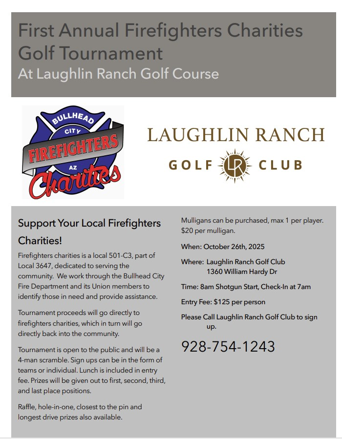BullheadFire's tweet image. Check this out -
We’re excited to announce the First BHC Firefighters Charities Golf Tournament!
Join us for a great day of golf, community, and giving back. Your support helps us continue to serve those in need.