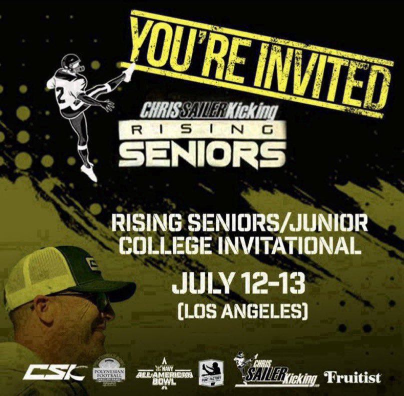 <a href="/__joelcarrasco/">Joel Carrasco</a> You’re officially invited to the 2025 Chris Sailer Kicking Rising Seniors Invitational. Looking forward to watching you compete against the best in your class from all over America! Register ASAP at ChrisSailerKicking.com to secure your spot!