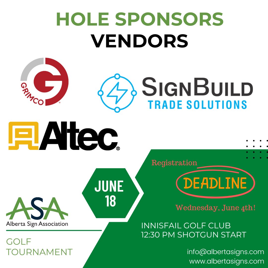 Shout-out to our golf hole VENDORS:

🥰 The ASA is proud to announce the vendors who will be set up and on display at the ASA Golf Tournament on June 18th. ⛳

SignBuild Trade Solutions 
Grimco 
Altec Inc. 

Register Now ➡asa27.wildapricot.org/event-5971330

#golf  #association #signage