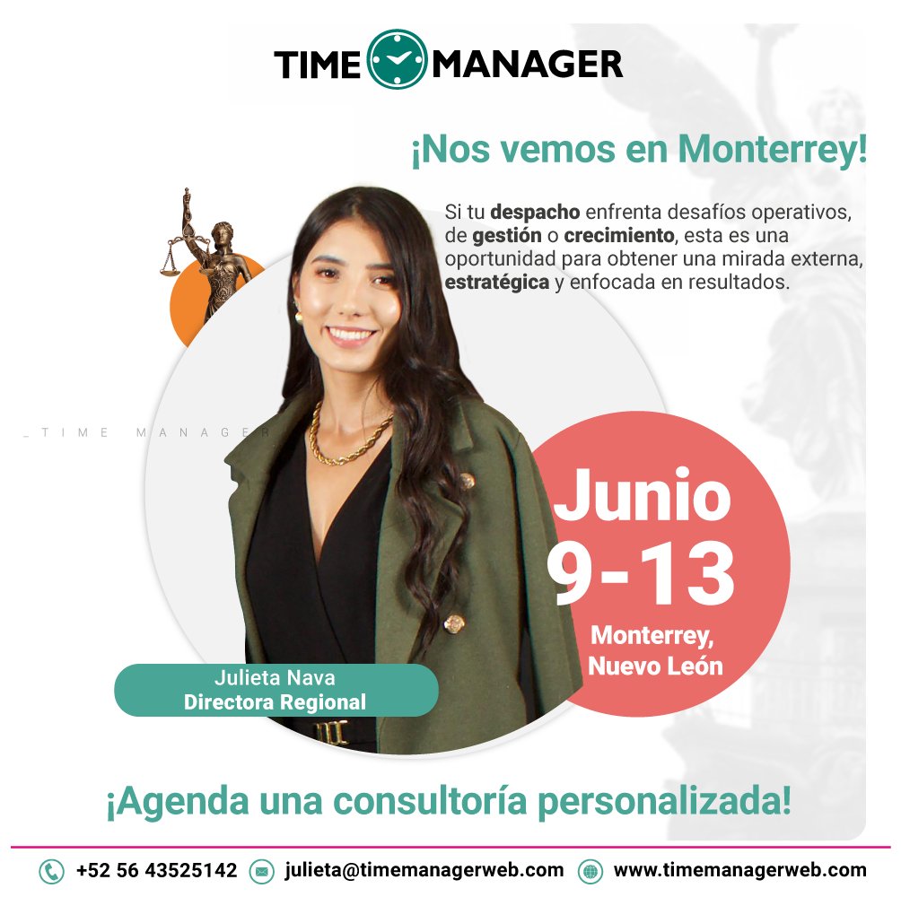 timemanagerweb's tweet image. ¡Atención despachos jurídicos de #Monterrey!

Julieta Nava, Directora Regional de Time Manager, estará en #Monterrey del 9 al 13 de junio ofreciendo consultorías personalizadas para transformar cómo opera tu despacho.

📅 ¡Agenda tu espacio sin costo!
lnkd.in/e9S9wQuT