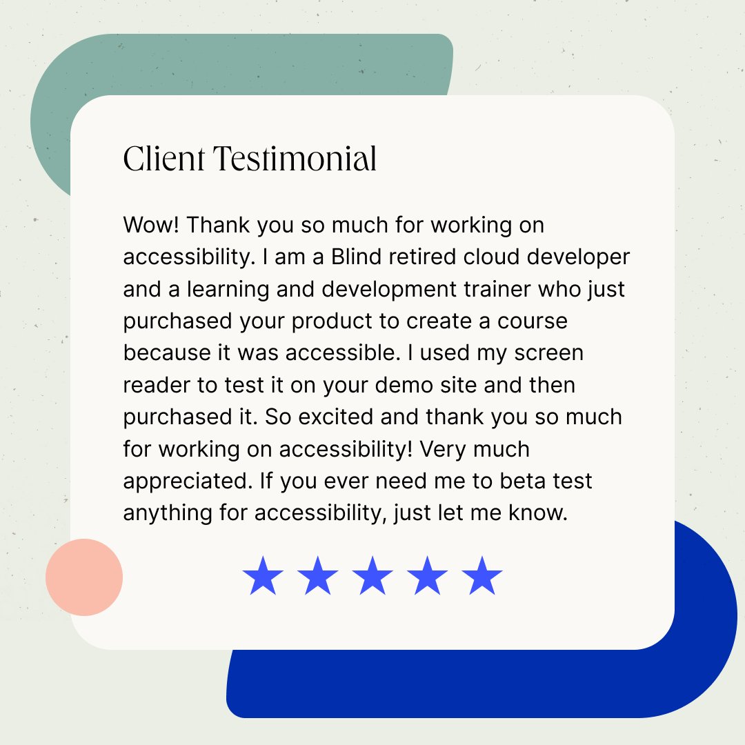 Accessibility isn’t just a feature—it’s a foundation.

We’re incredibly grateful for this powerful testimonial from a blind course creator who used a screen reader on our demo site and decided to purchase LearnDash because of its accessibility.