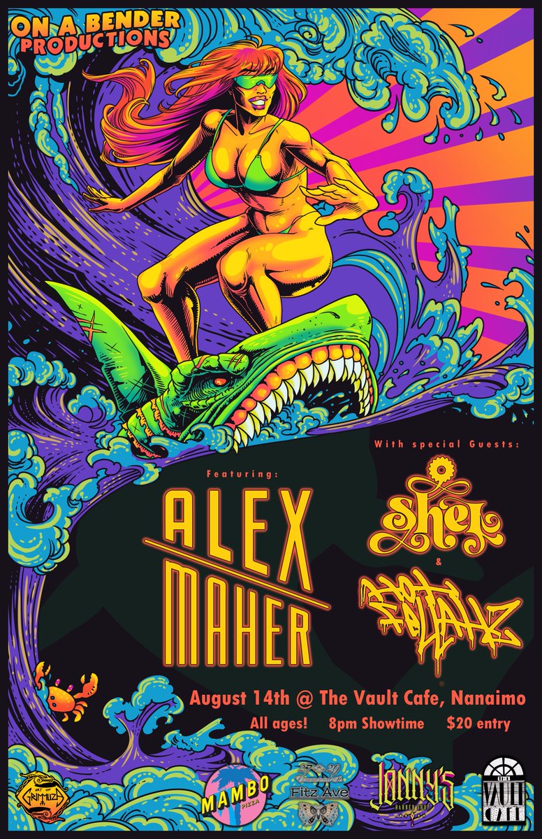 Poster for upcoming summer show this August 14th at the Vault Cafe! Brought to you by On a Bender Productions, featuring Alex Maher, Shel, and Hot Fellaz!!