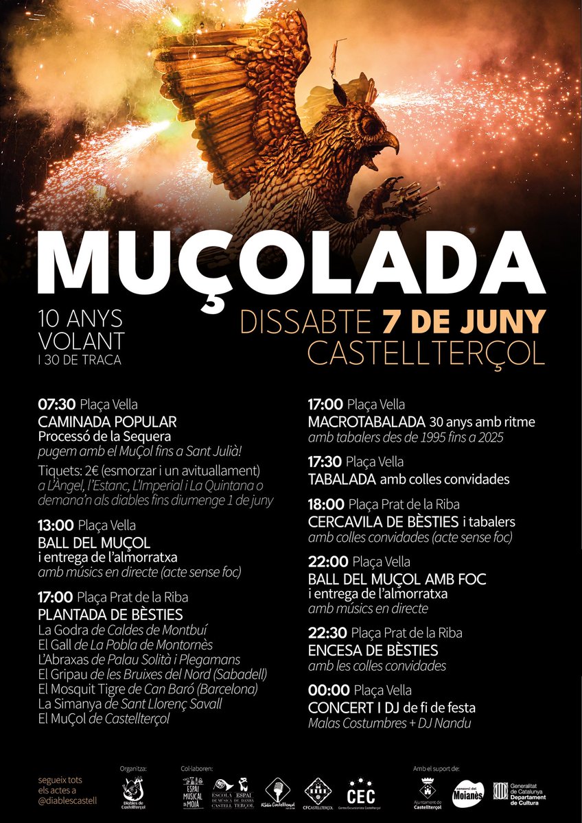 AIXÒ ÉS JA! Queden TRES dies per la MuÇolada🦉🔥 A Castellterçol, del matí a la nit, pels 30 anys de la colla i els 10 anys del MuÇol.

Serà fort. …no recomanem que us ho perdeu🙂‍↔️🧨🚀