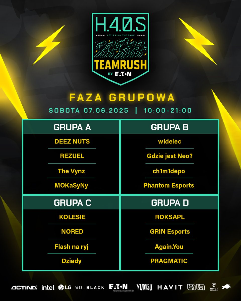 Grupy wylosowane!

Znamy już podział na grupy w turnieju H.4.0.S: TeamRush By EATON!

16 drużyn, 4 grupy, niezliczone emocje i tylko jedna droga do chwały!

📅 Start już 7 czerwca o 10:00