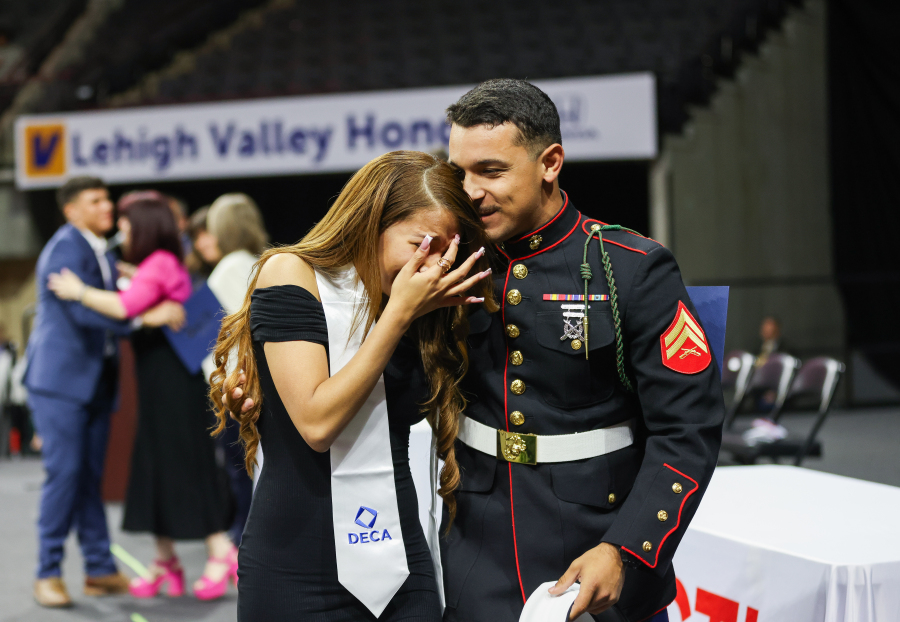 LCTI senior Elianny Pillier had no idea her big brother was home from Japan until the Marine corporal stepped forward on the PPL Center stage last week. The crowd erupted in applause as a shocked Elianny embraced Jerry. Congrats, Elianny, &amp; welcome home, Jerry! 🎉 🇺🇲 #classof2025