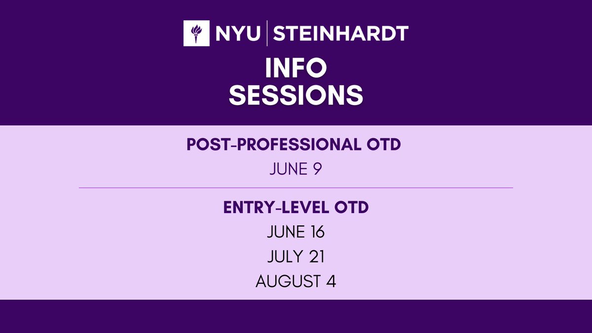 Save the date for an upcoming #NYUOT Info Session! Register for a session to learn about our Entry-Level OTD program or Post-Professional OTD program by visiting our website at shorturl.at/NvTqL

#OT #OccupationalTherapyStudent #NYUSteinhardt #NYU