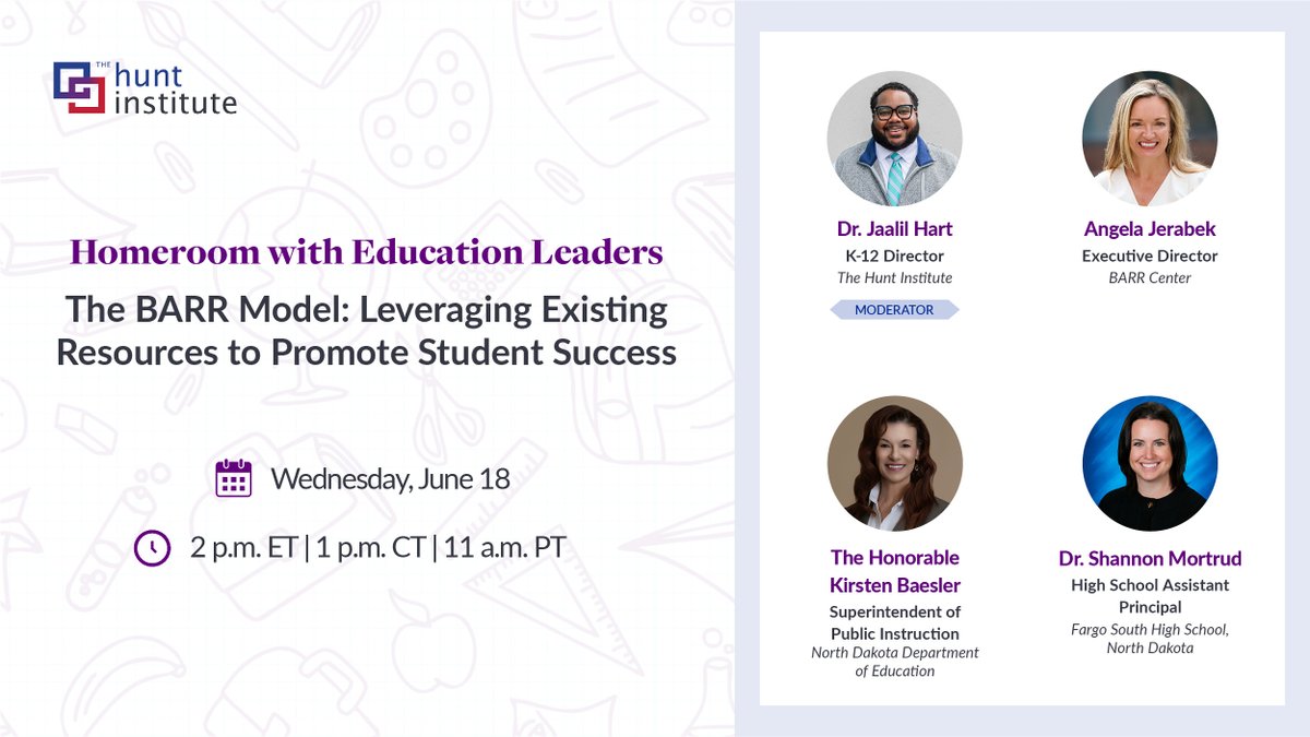 Join the <a href="/Hunt_Institute/">The Hunt Institute</a> and the  <a href="/BarrCenter/">BARR Center</a> on June 18 at 2 PM ET for a timely conversation on how schools can rethink their systems, boost student connection, and promote student success using the BARR Model.

Register here: ow.ly/QFWq50VM6gy