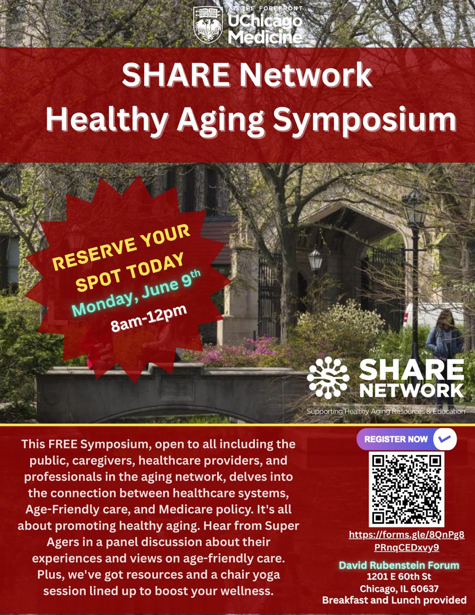 Join the SHARE Network for a free Healthy Aging Symposium this Monday, June 9th, from 8am to 12pm at the David Rubenstein Forum. Breakfast and lunch will be provided for attendees.

Register for the event by scanning the QR code below or visiting forms.gle/8QnPg8PRnqCEDx…