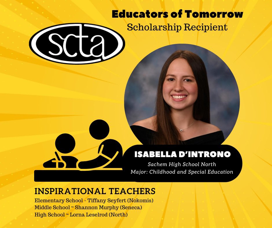 SCTA ‘Educators of Tomorrow’ scholarship recipient and North HS senior, Isabella D’Introno will pursue a career as Childhood and Special Education upon completion of college.  Congratulations and best wishes always! #EducatorOfTomorrow #FutureTeachers #SCTA 🎓📚💫
