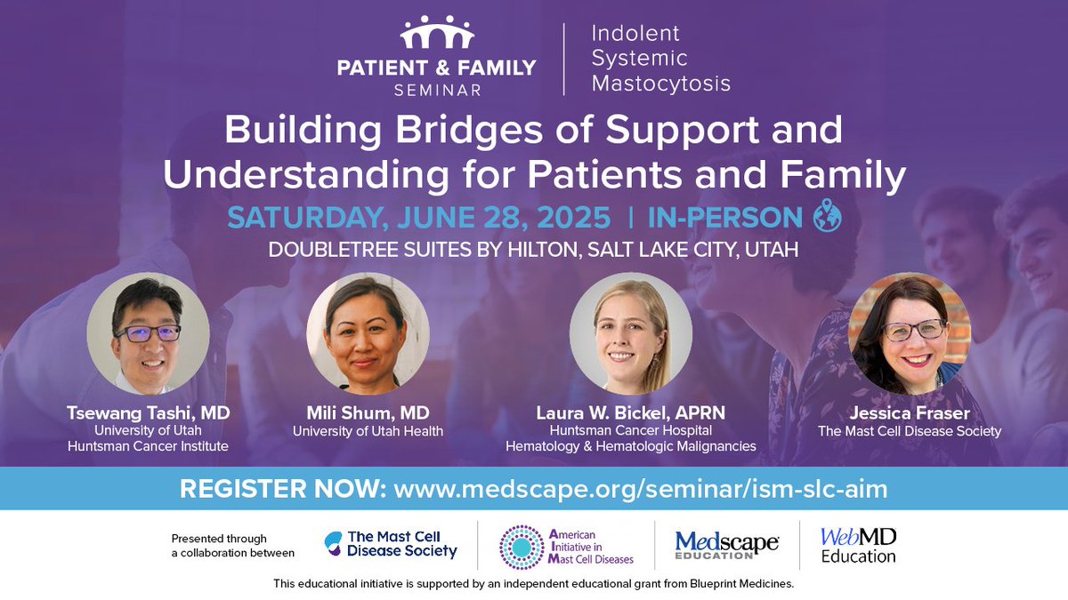 UofUHeme (@uofuhematology) on Twitter photo Join <a href="/UofUHematology/">UofUHeme</a>
with Tsewang Tashi MD, Laura Bickel APC and Mili Shum MD on Saturday June 28 for the Patient and Family caregiver conference on Systemic Mastocytosis. Sponsored by TMS, AIM and Medscape. <a href="/UofUHealth/">University of Utah Health</a>
<a href="/huntsmancancer/">Huntsman Cancer Institute</a> Join <a href="/UofUHematology/">UofUHeme</a>
with Tsewang Tashi MD, Laura Bickel APC and Mili Shum MD on Saturday June 28 for the Patient and Family caregiver conference on Systemic Mastocytosis. Sponsored by TMS, AIM and Medscape. <a href="/UofUHealth/">University of Utah Health</a>
<a href="/huntsmancancer/">Huntsman Cancer Institute</a>