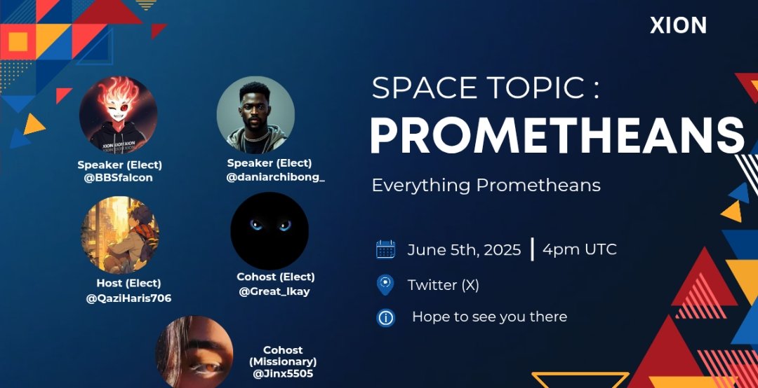 Gm $Xion Believers. 

It's time for <a href="/burnt_xion/">XION</a> Weekly Space. This time we will be joined by <a href="/ThePrometheans_/">The Prometheans (phoenix arc)</a>.

Do join us on Thursday at 4pm UTC as we will cover all of the anticipated question regarding Prometheans NFT future &amp; launch. 

You can set the reminder here