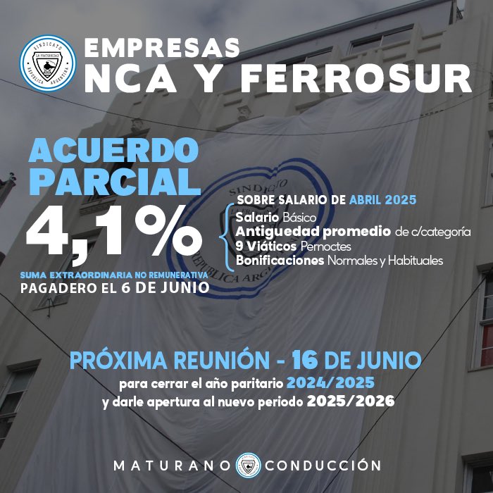 Nuevo acuerdo parcial con las empresas privadas de cargas NCA y Ferrosur. Próxima reunión planificada para el 16 de junio, para cerrar el periodo 2024-2025 y darle apertura al periodo 2025-2026.