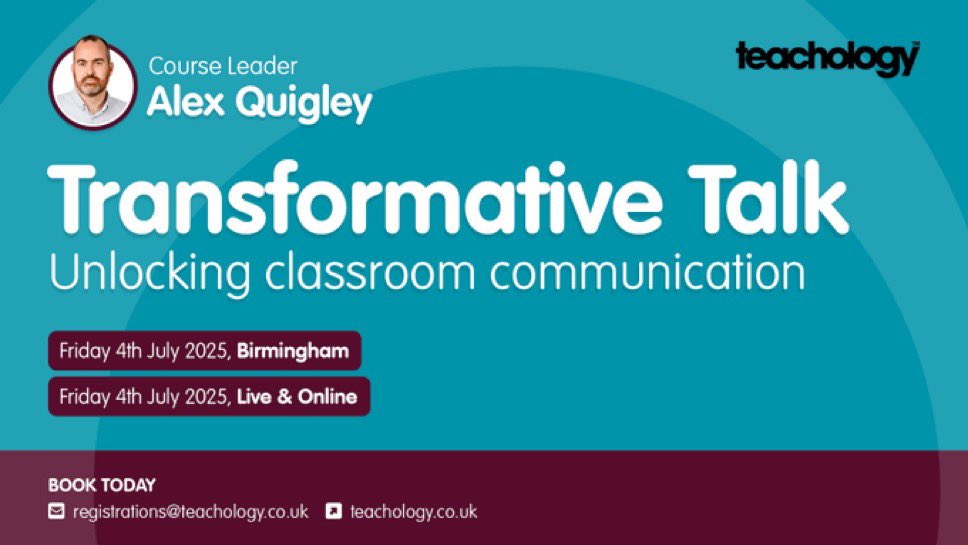 In just over a month, I’m undertaking my last <a href="/TeachologyUK/">Teachology UK</a> masterclass of the year on ‘Transformative Talk’. 

It offers exclusive resources and unlocks a language for talk along with lots of precise, practical strategies. Both live in Brum &amp; online. 

teachology-education.co.uk/transformative…