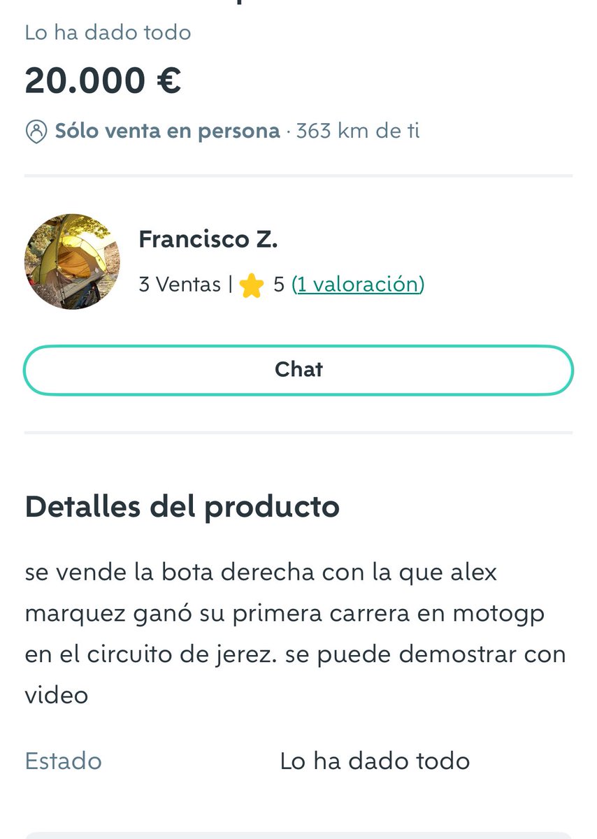 Imagina que un piloto tiene el detallazo de regalar a la afición las botas con las que gana su primera carrera en MotoGP, y quien la pilla lo aprovecha para hacer negocio e intentar sacar semejante pasta. Hay que ser sinvergüenza 🤮
Que rule a ver si le llega.
