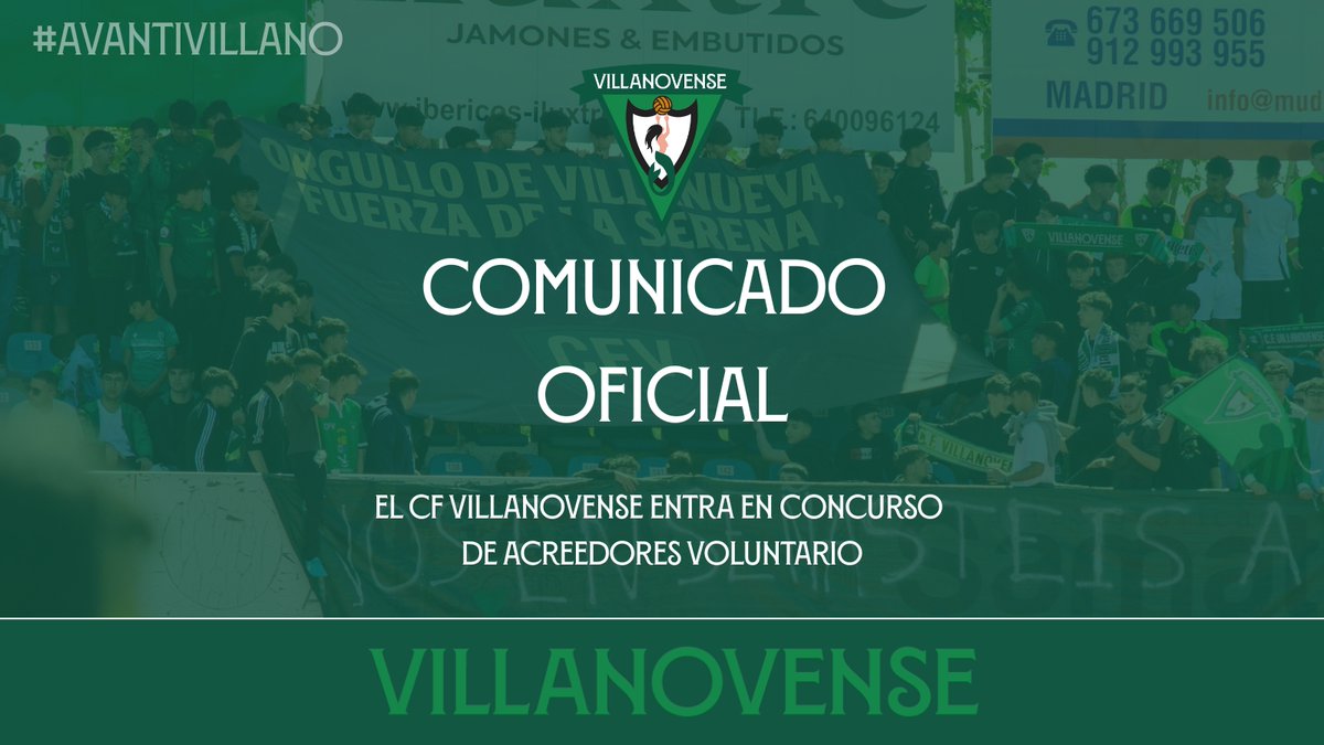 COMUNICADO OFICIAL 

El CF Villanovense entra oficialmente en situación de concurso de acreedores voluntario.

ℹ️ villanovense.es/web20/comunica…