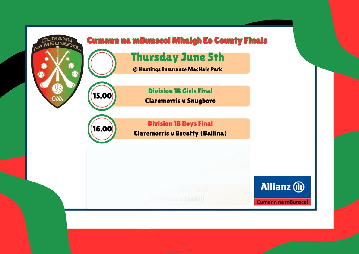 Cum na mBun MhaighEo (@mayocnmb) on Twitter photo And on our penultimate day tomorrow we have our Division 1B football finals! Another great day for the parishes! <a href="/thecontel/">Connaught Telegraph</a> <a href="/WesternPeople/">Western People</a> <a href="/radiomidwest/">Mid West Radio</a> <a href="/mayonewssport/">Mayo News - Sport</a> <a href="/AllianzIreland/">Allianz Ireland</a> <a href="/ConnachtCnamB/">Cumann na mBunscol Chonnacht</a> <a href="/cnambnaisiunta/">Cumann na mBunscol</a> <a href="/mbunscol/">South Mayo Cumann na mBunscol</a> #allianzschools <a href="/MayoGAA/">Mayo GAA</a> And on our penultimate day tomorrow we have our Division 1B football finals! Another great day for the parishes! <a href="/thecontel/">Connaught Telegraph</a> <a href="/WesternPeople/">Western People</a> <a href="/radiomidwest/">Mid West Radio</a> <a href="/mayonewssport/">Mayo News - Sport</a> <a href="/AllianzIreland/">Allianz Ireland</a> <a href="/ConnachtCnamB/">Cumann na mBunscol Chonnacht</a> <a href="/cnambnaisiunta/">Cumann na mBunscol</a> <a href="/mbunscol/">South Mayo Cumann na mBunscol</a> #allianzschools <a href="/MayoGAA/">Mayo GAA</a>