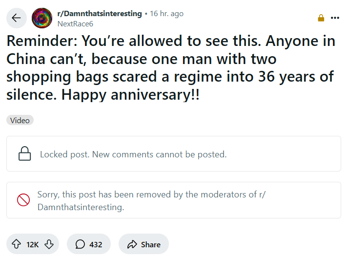reddit_lies's tweet photo. Reddit mods celebrate the 36 year anniversary of the Tiananmen Square Massacre by deleting posts about it. https://t.co/8jeRqB15Au