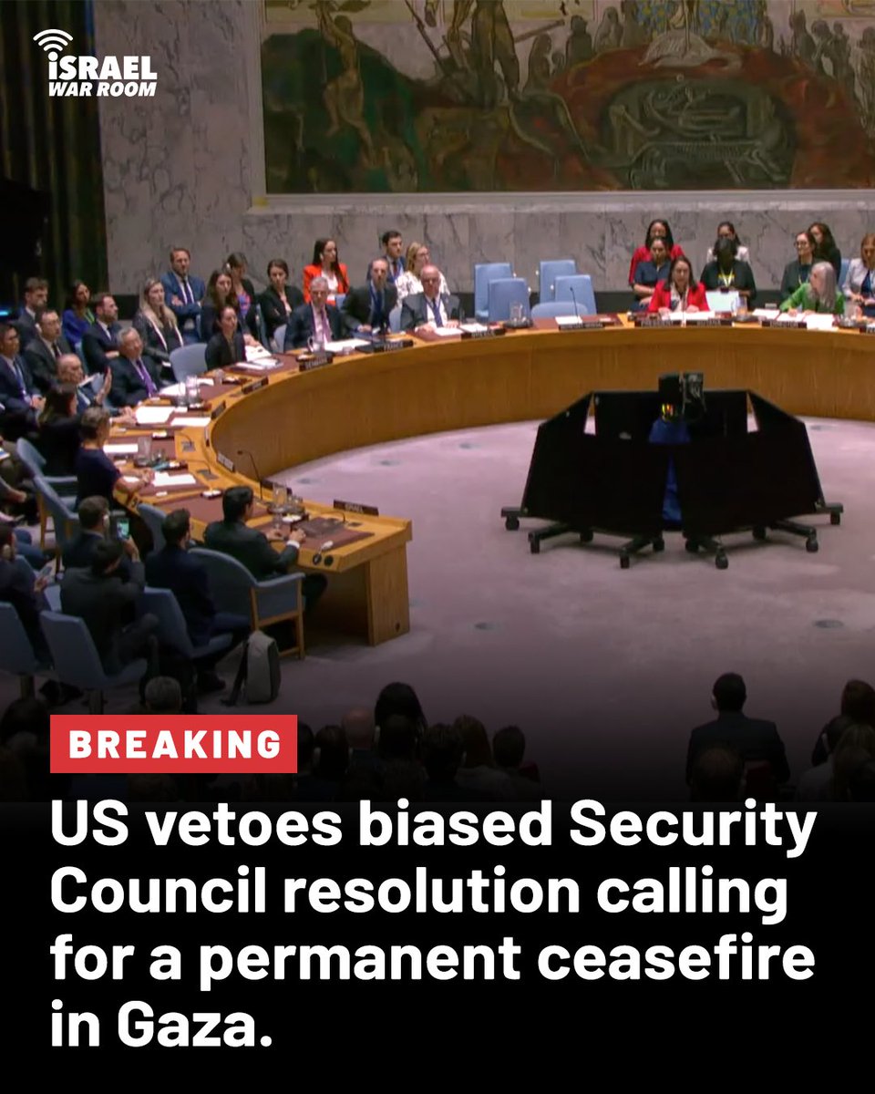 Israel War Room (@israelwarroom) on Twitter photo #BREAKING: The US just vetoed a biased <a href="/UN/">United Nations</a> Security Council resolution that demanded an immediate and permanent ceasefire in Gaza because it did not condition it on the release of all hostages and failed to condemn Hamas.
Thank you, <a href="/USUN/">U.S. Mission to the UN</a>, for your moral clarity. 🇺🇸🇮🇱 #BREAKING: The US just vetoed a biased <a href="/UN/">United Nations</a> Security Council resolution that demanded an immediate and permanent ceasefire in Gaza because it did not condition it on the release of all hostages and failed to condemn Hamas.
Thank you, <a href="/USUN/">U.S. Mission to the UN</a>, for your moral clarity. 🇺🇸🇮🇱