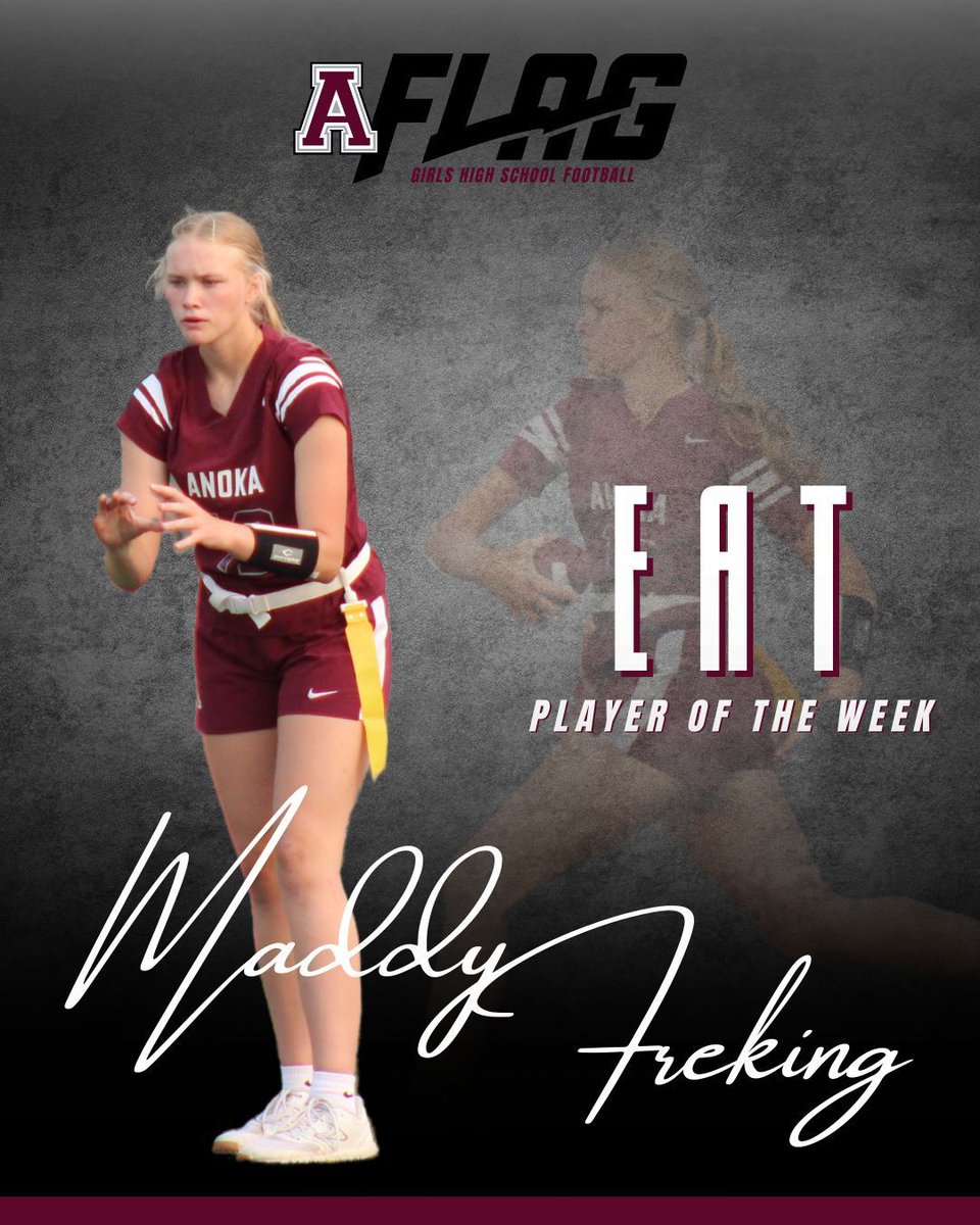 Anoka Girls Football (@anokagirlsfb) on Twitter photo Congratulations to <a href="/MaddyFreking/">maddy freking</a> on being our Week 5 EAT Player of the Week. Her leadership, playmaking ability, and ability to perform under pressure helped the girls bring home the section championship. #EAT Congratulations to <a href="/MaddyFreking/">maddy freking</a> on being our Week 5 EAT Player of the Week. Her leadership, playmaking ability, and ability to perform under pressure helped the girls bring home the section championship. #EAT