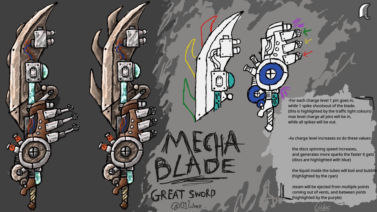 01Iubee's tweet photo. Mecha Blade, my entry for the weapon category. A great sword cobbled together with various found parts to create a mechanical marvel! It could be dangerous, seeing how it's just bolted together! pen name: iubee #WeaponEntry #MHWilds https://t.co/Cu00uD72Wg
