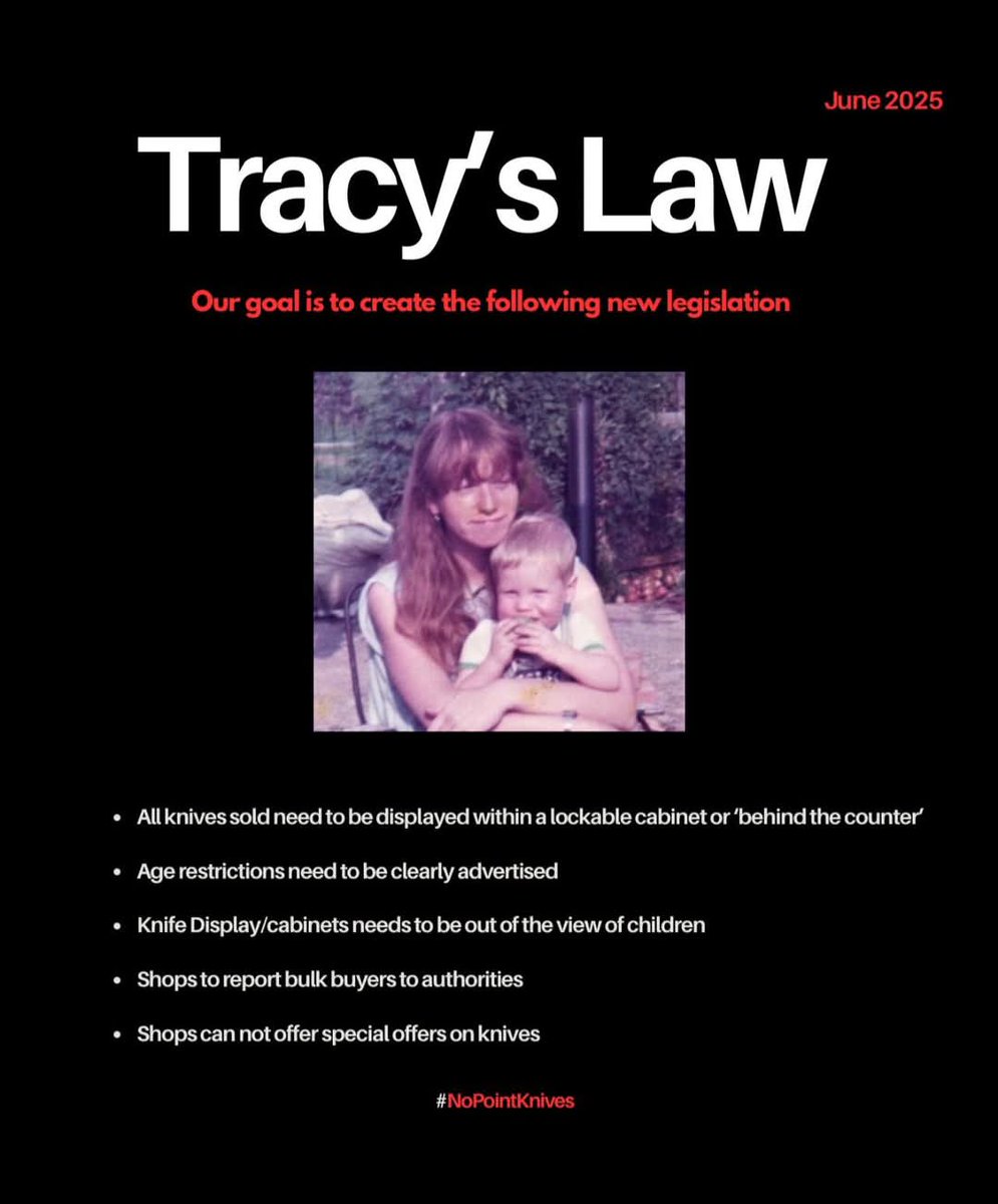 My Mother, Tracy, lost her life to a devastating act of knife violence.

A pointed blade changed everything.

Tracy’s Law would prevent this happening to somebody else because safer streets, and homes, start with smarter laws.

It’s time for change.

#TracysLaw #NoPointKnives